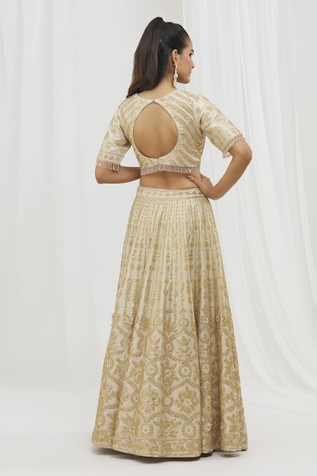Shop_Vandana Sethi_Ivory Denim, Silk Embroidery, Mirrors, Gota Patti Embellished Bridal Lehenga Set _at_Aza_Fashions