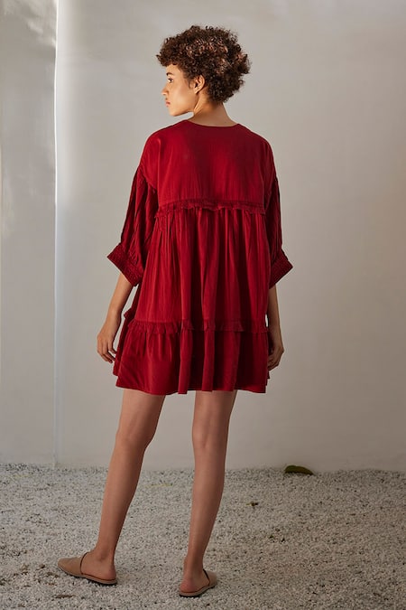 Shop_Kharakapas_Red Cotton V-neck Tiered Mul Ruffle Dress _at_Aza_Fashions