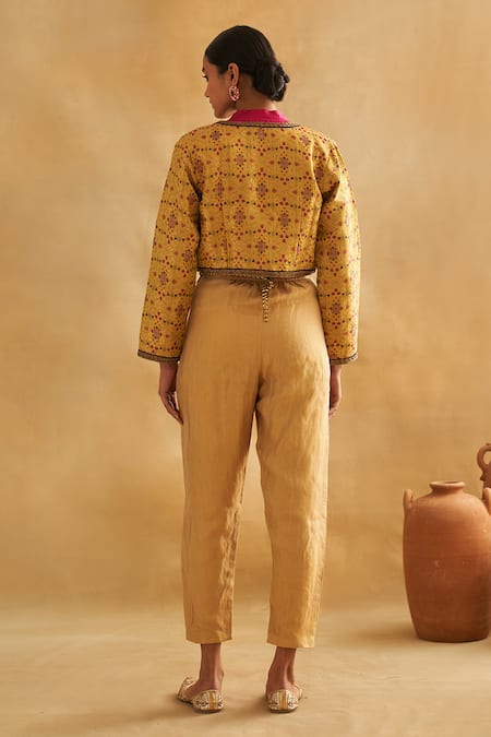 Shop_Taisha_Gold Silk Embroidery Pure Zari Tissue Striped Woven Trousers _at_Aza_Fashions