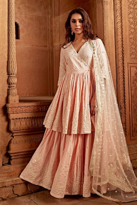 Shop Preevin Pink Cotton, Tulle, Net Embroidery, Layered Angrakha Anarkali With Dupatta at Aza Fashions Shop_Preevin_Pink Cotton, Tulle, Net Embroidery, Layered Angrakha Anarkali With Dupatta_at_Aza_Fashions