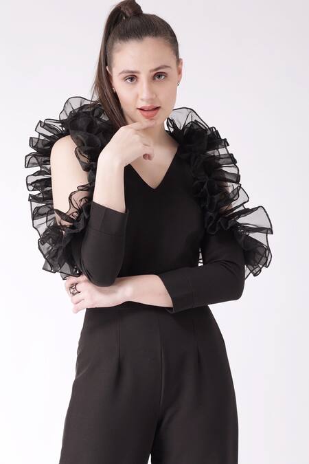 Shop Ashico Black Ruffles V-neck Placed Jumpsuit at Aza Fashions Shop_Ashico_Black Ruffles V-neck Placed Jumpsuit_at_Aza_Fashions