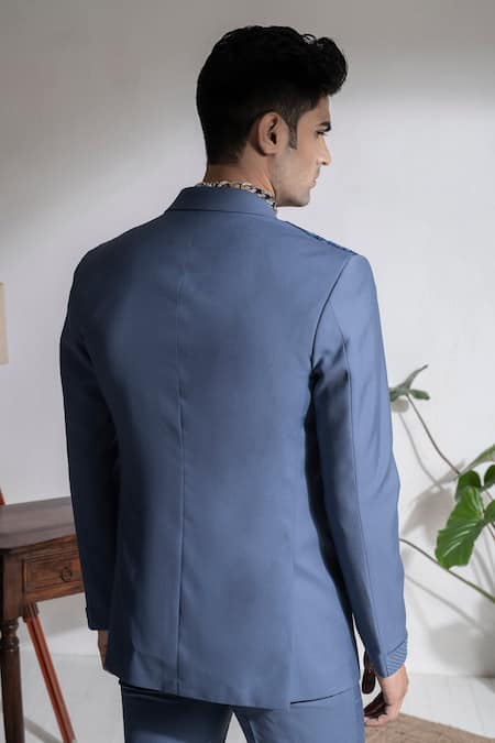 Shop Abkasa Blue Terrycloth Nyor Textured Panel Coat And Trouser Set at Aza Fashions Shop_Abkasa_Blue Terrycloth Nyor Textured Panel Coat And Trouser Set _at_Aza_Fashions