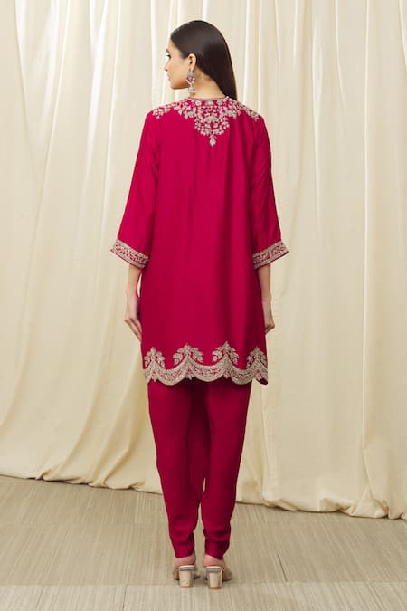 Shop Jayanti Reddy Red Silk Embroidery Round Neck Scallop Hem Tunic Set at Aza Fashions Shop_Jayanti Reddy_Red Silk Embroidery Round Neck Scallop Hem Tunic Set _at_Aza_Fashions