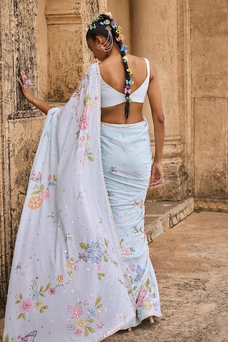 Shop Lashkaraa White Satin, Velvet, Chiffon Beads, Sequins, Floral Cutdana Pre-draped Saree Set at Aza Fashions Shop_Lashkaraa_White Satin, Velvet, Chiffon Beads, Sequins, Floral Cutdana Pre-draped Saree Set_at_Aza_Fashions