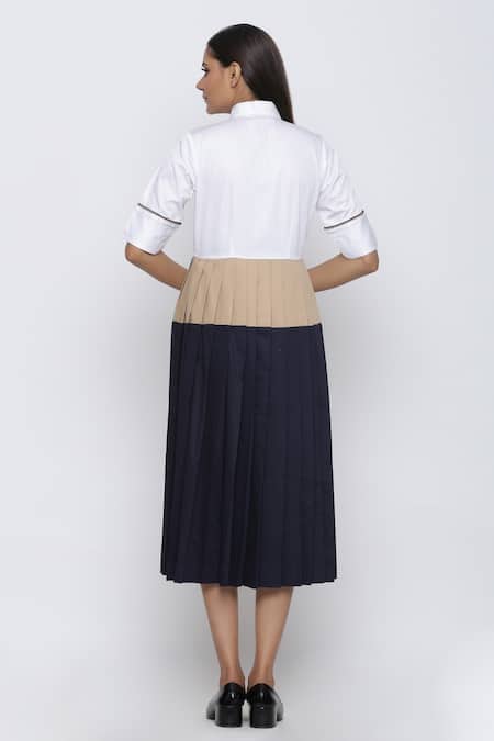 Shop Escape By Aishwarya Blue Cotton Satin Shawl Neck Pleated Colorblock Dress at Aza Fashions Shop_Escape By Aishwarya_Blue Cotton Satin Shawl Neck Pleated Colorblock Dress _at_Aza_Fashions