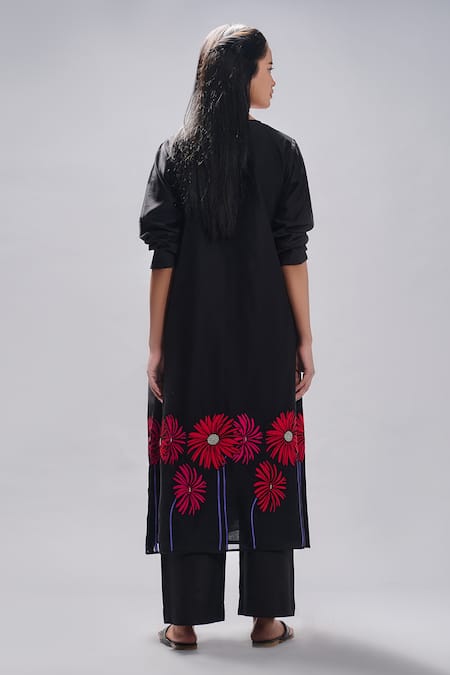 Shop Taika By Poonam Bhagat Black Chanderi Embroidered Floral Round Patterned A-line Tunic Set at Aza Fashions Shop_Taika By Poonam Bhagat_Black Chanderi Embroidered Floral Round Patterned A-line Tunic Set _at_Aza_Fashions