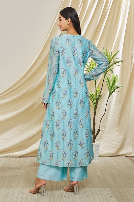 Shop Peenacolada Blue Chanderi Embroidery Round Neck Floral Kurta And Pant Set at Aza Fashions Shop_Peenacolada_Blue Chanderi Embroidery Round Neck Floral Kurta And Pant Set _at_Aza_Fashions