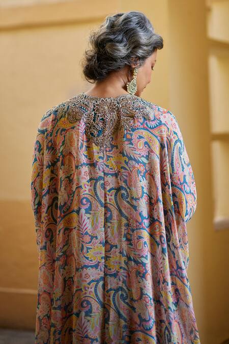 Mrunalini Rao_Blue Georgette Embroidery, Ruffles Sweetheart Floral Print Cape And Skirt Set _Online_at_Aza_Fashions