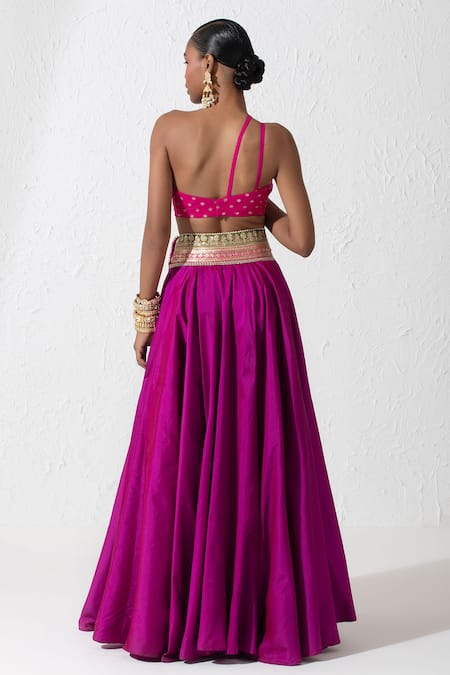 Shop Rishi and Vibhuti Pink Taffeta, Silk Embroidery One Shoulder Bralette And Skirt Set at Aza Fashions Shop_Rishi and Vibhuti_Pink Taffeta, Silk Embroidery One Shoulder Bralette And Skirt Set _at_Aza_Fashions