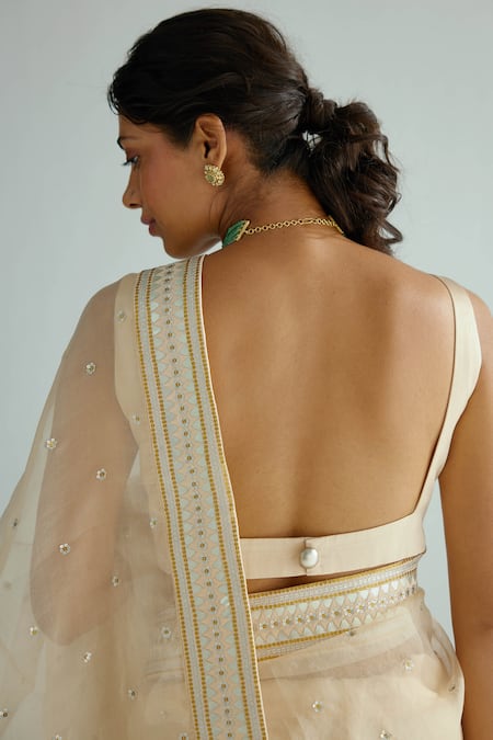 Shop Priyal Prakash Cream Cotton Satin, Polyester, Silk Organza Embroidered Saree With Blouse at Aza Fashions Shop_Priyal Prakash_Cream Cotton Satin, Polyester, Silk Organza Embroidered Saree With Blouse_at_Aza_Fashions