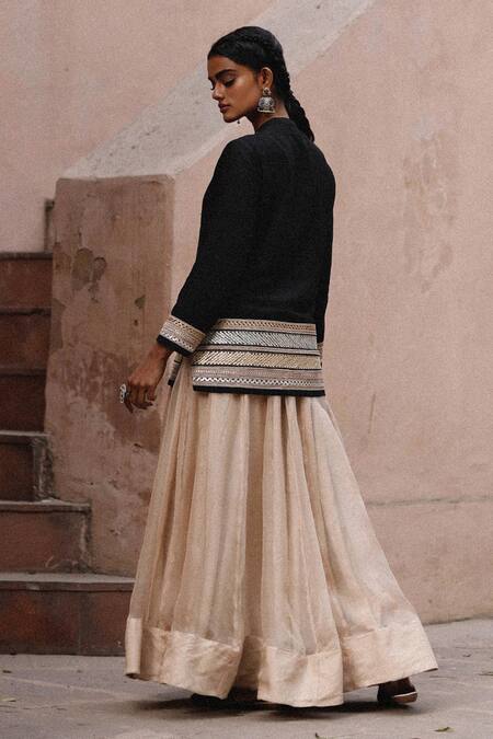 Shop Avacara Black Handloom Cotton Embroidery, Gota Raw Silk Embellished Jacket With Sharara at Aza Fashions Shop_Avacara_Black Handloom Cotton Embroidery, Gota Raw Silk Embellished Jacket With Sharara _at_Aza_Fashions