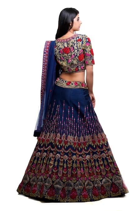 Shop Archana Kochhar Blue Silk, Net Sequins, Embroidery, Cut Work V-neck Raw Floral Lehenga Set at Aza Fashions Shop_Archana Kochhar_Blue Silk, Net Sequins, Embroidery, Cut Work V-neck Raw Floral Lehenga Set _at_Aza_Fashions