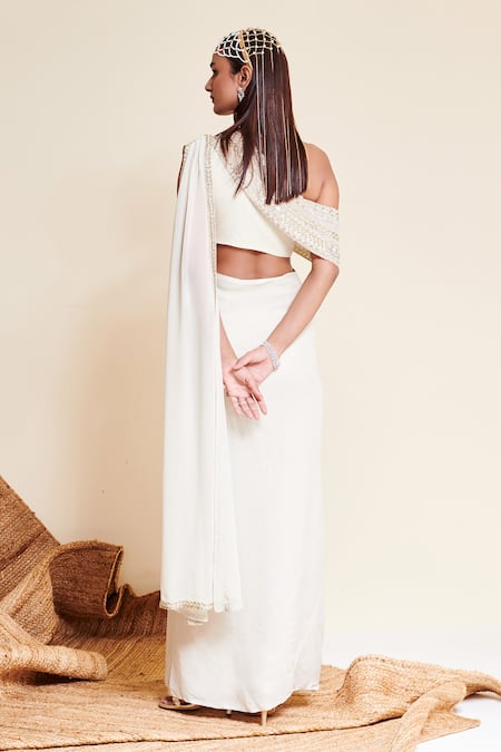 Reeti Arneja Dove Pre-Stitched Pearl Embroidered Saree Gown 