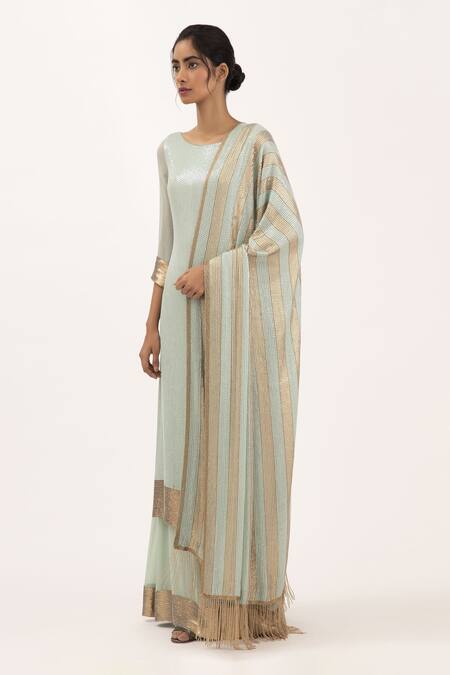 Nakul Sen_Blue Chiffon Sequin Boat Embroidered Kurta Set_Online_at_Aza_Fashions