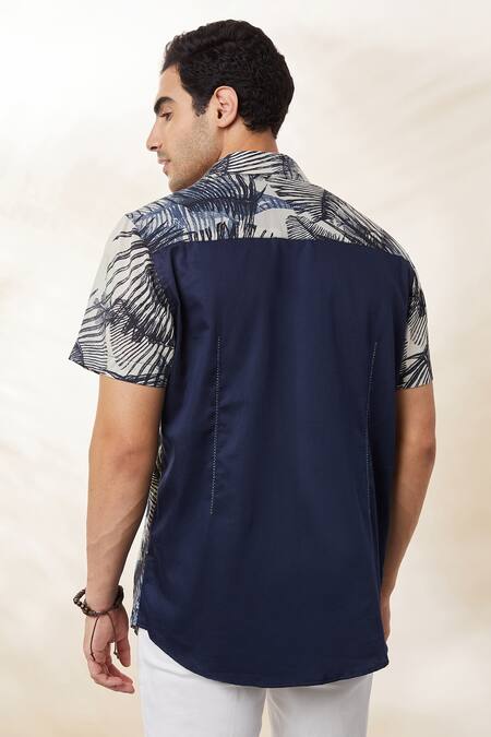 Shop Seven Blue Cotton Palm Tree Print Shirt at Aza Fashions Shop_Seven_Blue Cotton Palm Tree Print Shirt_at_Aza_Fashions