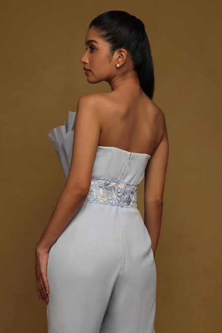 Shop_Shriya Som_Blue Crepe, Silk Embroidery, Pearls, Cut Work Asymmetric Draped Yoke Jumpsuit _at_Aza_Fashions