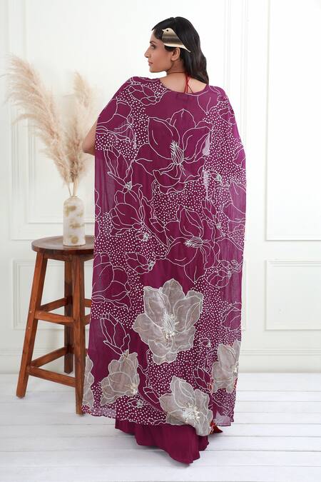 Shop_EK Soot_Purple Georgette Print And Embroidery Floral Cape & Draped Skirt Set  _at_Aza_Fashions
