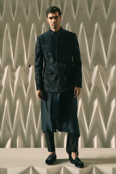 Shop_Rohit Gandhi + Rahul Khanna_Blue Satin Fringed Stole _at_Aza_Fashions