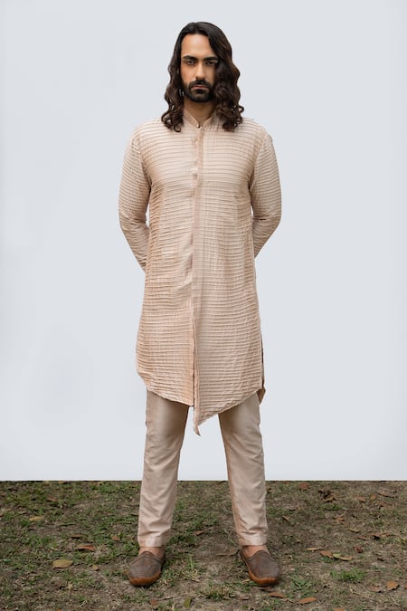Shop Kaka Calcutta Pink Bamboo, Cotton, Silk Embroidery Asymmetric Hem Kurta Set at Aza Fashions Shop_Kaka Calcutta_Pink Bamboo, Cotton, Silk Embroidery Asymmetric Hem Kurta Set _at_Aza_Fashions