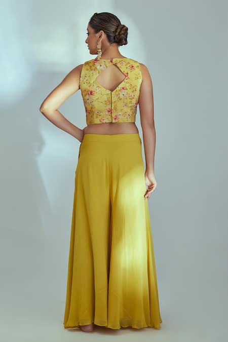 Buy_Suruchi Parakh_Yellow Georgette And Crepe Floral Pattern V Neck Draped Crop Top & Flared Pant Set _Online_at_Aza_Fashions