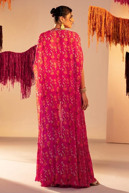 Shop Silky Bindra Pink Georgette Sequins, Crystals, Embroidery Floral Bloom Print Jacket Pant Set at Aza Fashions Shop_Silky Bindra_Pink Georgette Sequins, Crystals, Embroidery Floral Bloom Print Jacket Pant Set _at_Aza_Fashions
