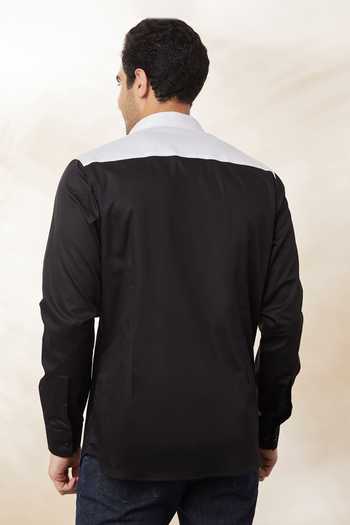 Shop Seven Black Cotton Satin Embroidery Placement Star Shirt at Aza Fashions Shop_Seven_Black Cotton Satin Embroidery Placement Star Shirt_at_Aza_Fashions