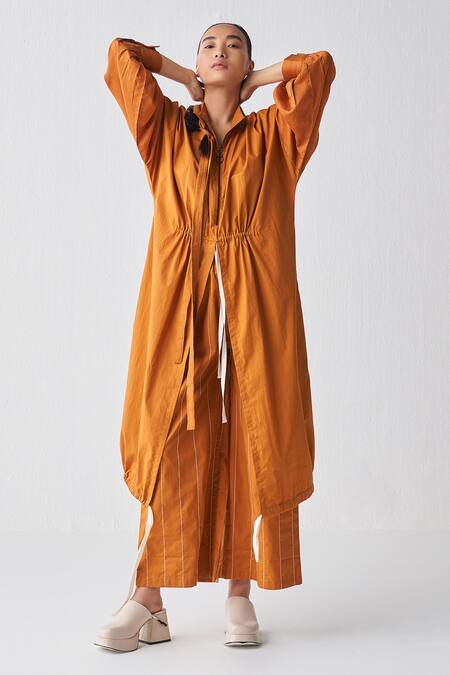 Shop Three Orange Poplin Collared Neck Drawstring Detailed Tunic And Broad Pant Set Online at Aza Fashions Shop_Three_Orange Poplin Collared Neck Drawstring Detailed Tunic And Broad Pant Set _Online_at_Aza_Fashions