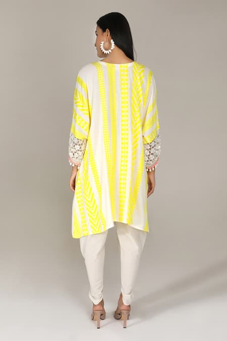 Shop_Aneehka_Yellow 100% Cotton Puff Sleeve Afghani Kurta And Dhoti Pant Set _at_Aza_Fashions