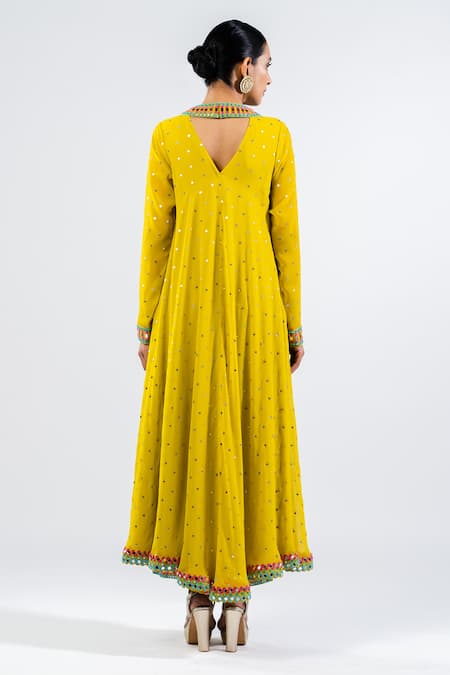 Shop Vvani By Vani Vats Green Georgette, Silk Mirrors, Embroidery Round High Low Hem Kurta And Palazzo Set at Aza Fashions Shop_Vvani By Vani Vats_Green Georgette, Silk Mirrors, Embroidery Round High Low Hem Kurta And Palazzo Set _at_Aza_Fashions