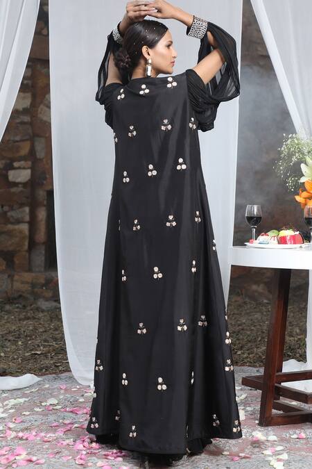 Shop_Nitisha Kashyap Official_Black Georgette, Silk Mirrors, Beads Square Floral Embroidered Cape Gharara Set _at_Aza_Fashions