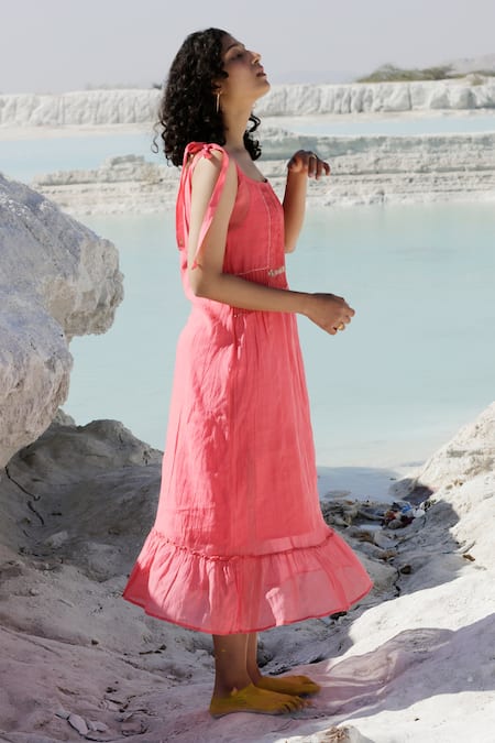 Shop Tatwa Coral Handloom Cotton, Viscose Embroidery, Zari, Sleeveless Pintuck Dress at Aza Fashions Shop_Tatwa_Coral Handloom Cotton, Viscose Embroidery, Zari, Sleeveless Pintuck Dress _at_Aza_Fashions