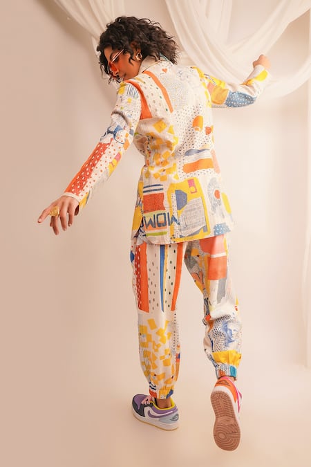 Shop Jajaabor Ivory Silk Chanderi Embroidery Zari Shawl Collar Jacket And Joggers Set at Aza Fashions Shop_Jajaabor_Ivory Silk Chanderi Embroidery Zari Shawl Collar Jacket And Joggers Set _at_Aza_Fashions