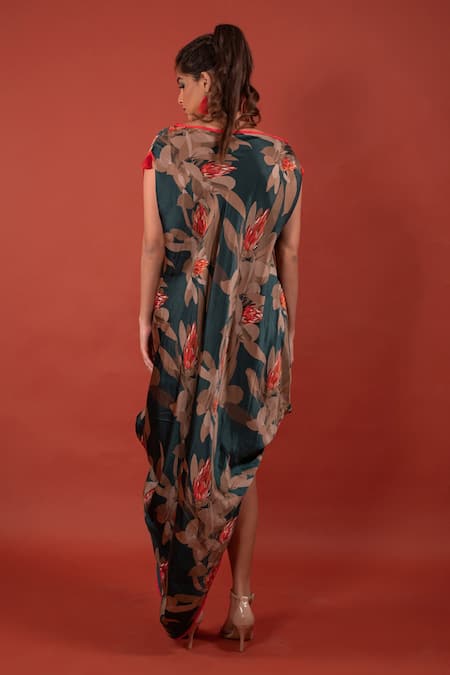 Shop_Rimi Nayak_Green Modal, Satin Dark Asymmetrical Draped Dress _at_Aza_Fashions