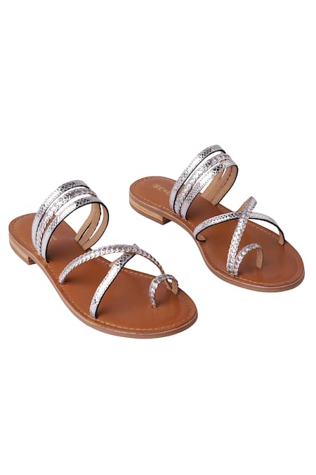 Shop Nine By Janine Silver Textured And Braided Pattern Esmeralda Criss-cross Strap Flats at Aza Fashions Shop_Nine By Janine_Silver Textured And Braided Pattern Esmeralda Criss-cross Strap Flats _at_Aza_Fashions