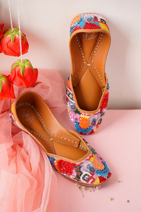 Shop_Jutti Express_Peach Embroidered Nirvana Sequin Juttis _at_Aza_Fashions