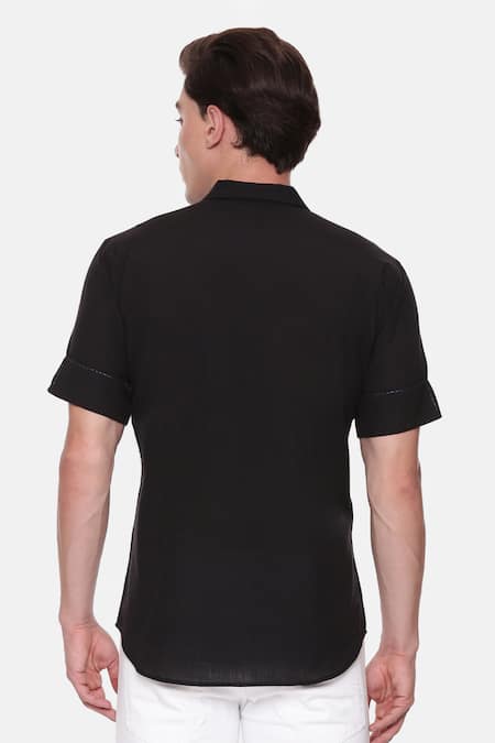 Shop Mayank Modi - Men Black Cotton Short Sleeve Shirt at Aza Fashions Shop_Mayank Modi - Men_Black Cotton Short Sleeve Shirt _at_Aza_Fashions