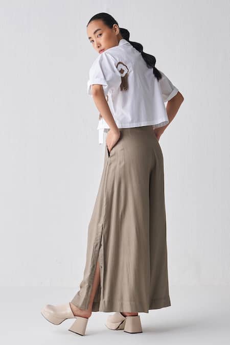 Shop Three White Poplin Fringe Shawl Neck Pattern Cropped Shirt at Aza Fashions Shop_Three_White Poplin Fringe Shawl Neck Pattern Cropped Shirt _at_Aza_Fashions