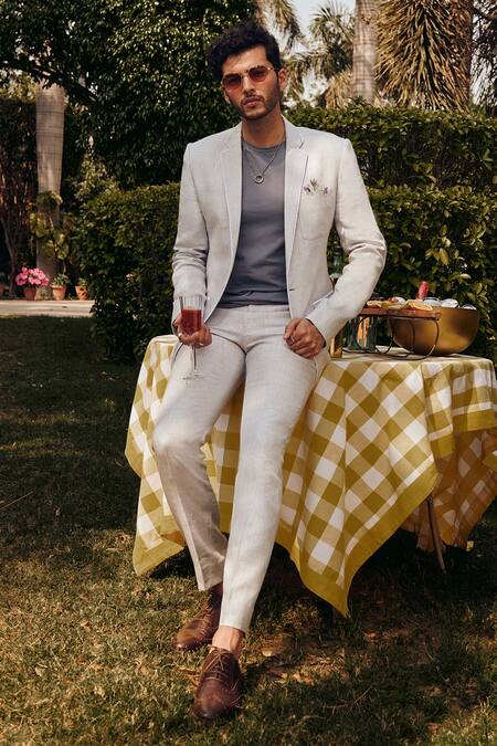 Shop_Philocaly_Grey Linen Flint Blazer_at_Aza_Fashions