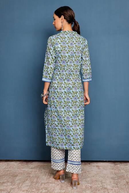 Shop Pheeta Blue Cotton Embroidery Mandarin Collar Flower Print Kurta And Pant Set at Aza Fashions Shop_Pheeta_Blue Cotton Embroidery Mandarin Collar Flower Print Kurta And Pant Set_at_Aza_Fashions
