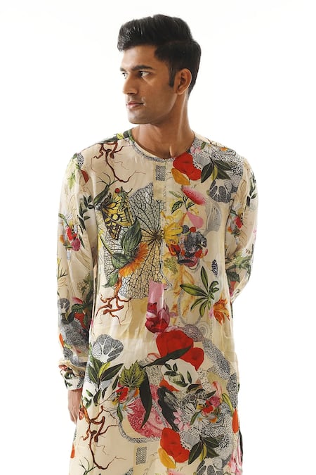 Shop Mahima Mahajan Multi Color Organza, Satin Flower And Butterfly Print Kura With Pant at Aza Fashions Shop_Mahima Mahajan_Multi Color Organza, Satin Flower And Butterfly Print Kura With Pant _at_Aza_Fashions