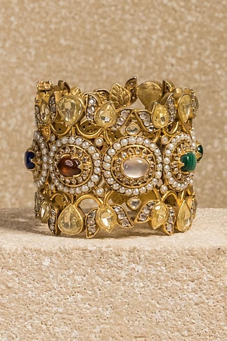 Shop Tarun Tahiliani Multi Color Pearls, Zari, Stones Lotus Embellished Kada at Aza Fashions Shop_Tarun Tahiliani_Multi Color Pearls, Zari, Stones Lotus Embellished Kada_at_Aza_Fashions