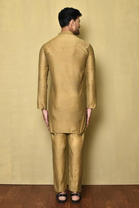 Shop_Arihant Rai Sinha_Gold Cotton, Silk Mandarin Collar Kurta Set _at_Aza_Fashions