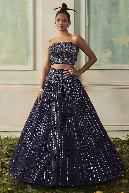 Shivani Awasty Blue Net Cut Work, Mirrors Square Neck Cutdana Embroidered Bridal Lehenga Set Online at Aza Fashions Shivani Awasty_Blue Net Cut Work, Mirrors Square Neck Cutdana Embroidered Bridal Lehenga Set _Online_at_Aza_Fashions