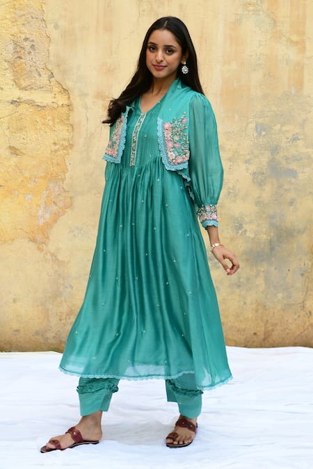 Shop Label Niti Bothra Blue Silk Beads, Pearls V-neck Garden Embroidered Jacket Kurta And Palazzo Set at Aza Fashions Shop_Label Niti Bothra_Blue Silk Beads, Pearls V-neck Garden Embroidered Jacket Kurta And Palazzo Set _at_Aza_Fashions