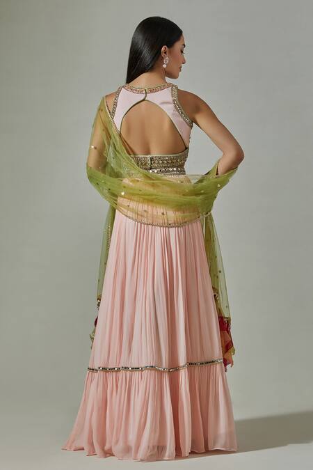 Shop Basanti Kapde aur Koffee Pink Organza, Viscose Georgette Geometric, Embroidered Blouse Lehenga Set at Aza Fashions Shop_Basanti Kapde aur Koffee_Pink Organza, Viscose Georgette Geometric, Embroidered Blouse Lehenga Set_at_Aza_Fashions