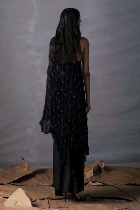 Shop AK-OK Black Cotton Sequins, Embroidery Asymmetric One Shoulder Tunic And Skirt Set at Aza Fashions Shop_AK-OK_Black Cotton Sequins, Embroidery Asymmetric One Shoulder Tunic And Skirt Set _at_Aza_Fashions