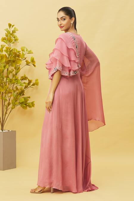 Shop Samyukta Singhania Pink Viscose, Chiffon Embroidery Round Neck Gown at Aza Fashions Shop_Samyukta Singhania_Pink Viscose, Chiffon Embroidery Round Neck Gown_at_Aza_Fashions