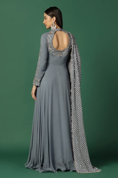 Shop_Two Sisters By Gyans_Grey Georgette Embroidery, Sequins Round Floral Bodice Anarkali With Dupatta _at_Aza_Fashions