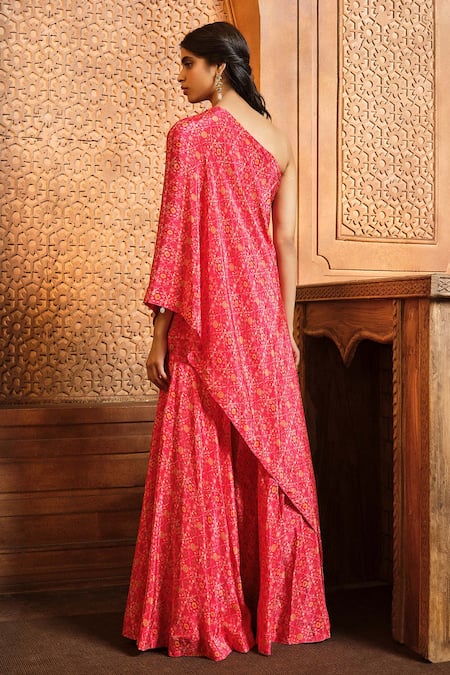 Shop Aneesh Agarwaal Red Crepe Embroidery, Metallic Thread Printed Kaftan Top And Sharara Set at Aza Fashions Shop_Aneesh Agarwaal_Red Crepe Embroidery, Metallic Thread Printed Kaftan Top And Sharara Set _at_Aza_Fashions