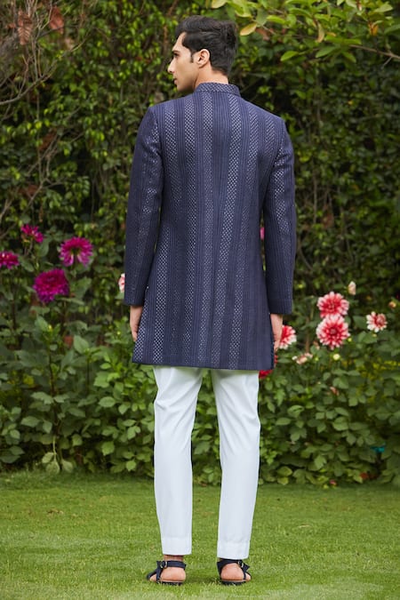 Shop Bohame Blue Georgette, Terrycloth Embroidery Marya Chikankari Achkan Jacket Set at Aza Fashions Shop_Bohame_Blue Georgette, Terrycloth Embroidery Marya Chikankari Achkan Jacket Set_at_Aza_Fashions